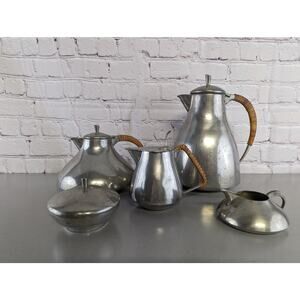 5 Piece MCM Fred Dodson Pewter and Whicker Coffee Tea Set